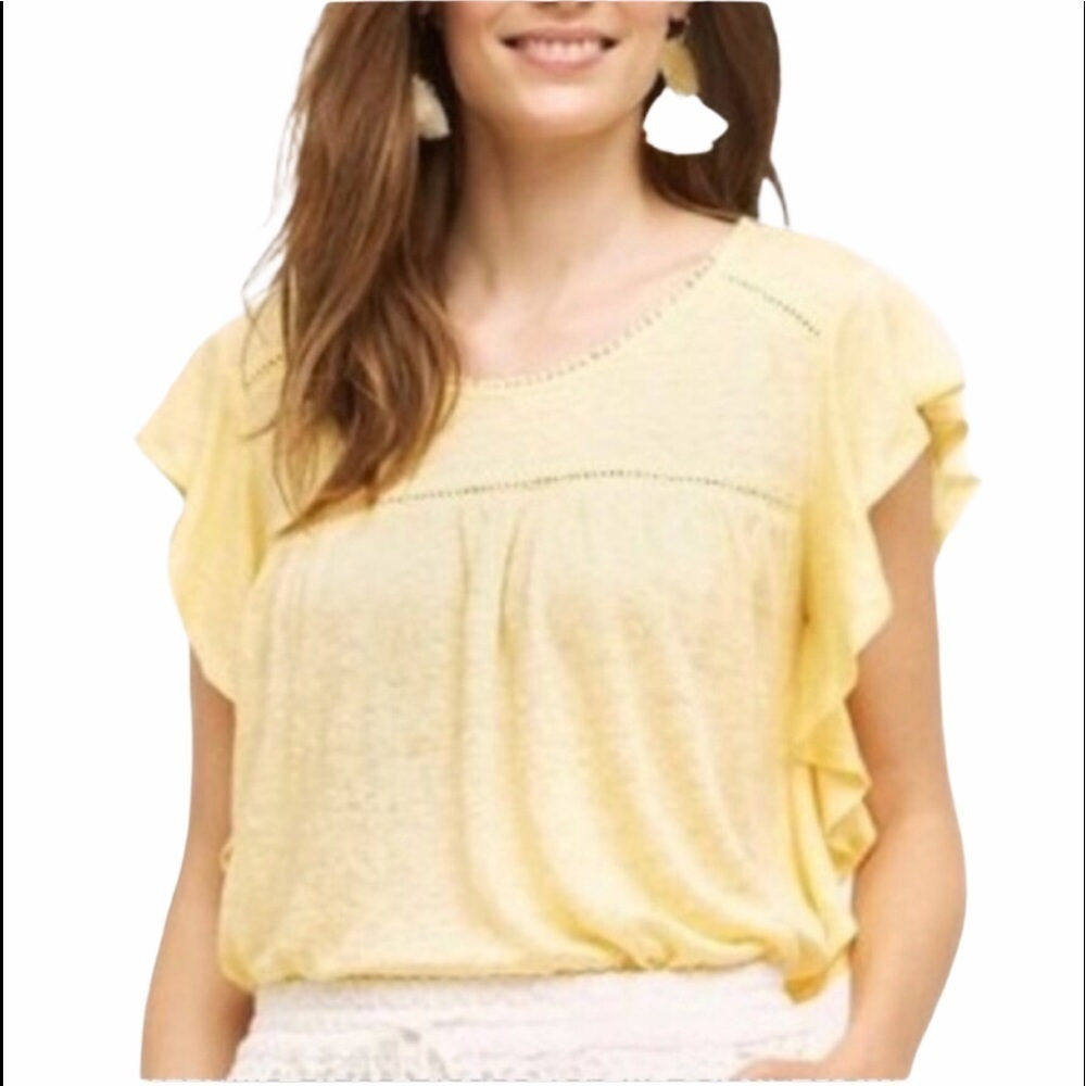 Anthropologie Deletta Linen Yellow Ruffle Sleeves Top Size Small